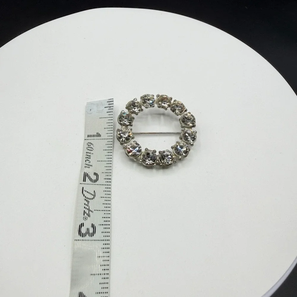 Clear Rhinestone Silver Tone Round Wreath Brooch Pin Bridal Statement Glam Gift